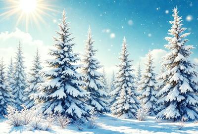 The primary subject of the image is a group of snow-covered pine trees. The setting is a snowy landscape with a blue sky in the background. The visual style is a digital art or illustration, creating a serene and wintry atmosphere. The dominant colors are white for the snow and blue for the sky, with the pine trees adding a touch of green.